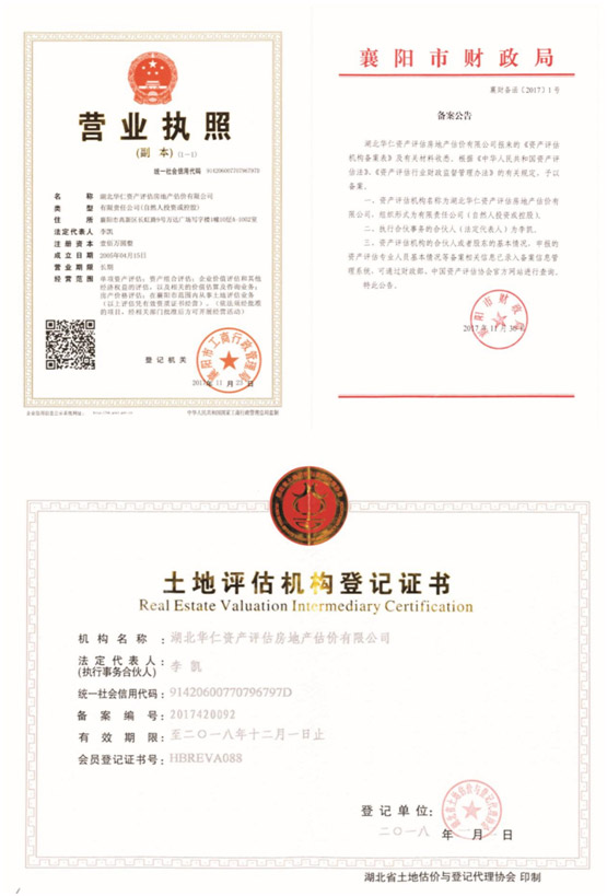 華仁資產(chǎn)評估房地產(chǎn)估價有限公司營業(yè)執(zhí)照、資產(chǎn)評估備案公告、土地評估機構(gòu)登記證書.jpg